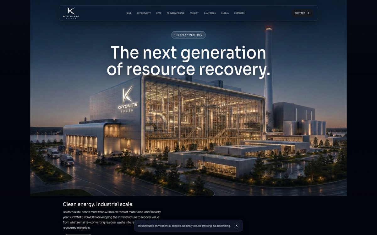 Kryonite Power website homepage